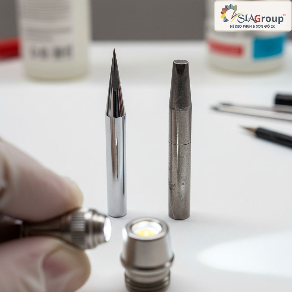 kim béc súng phun sơn, thay kim béc, súng bị rỉ sơn