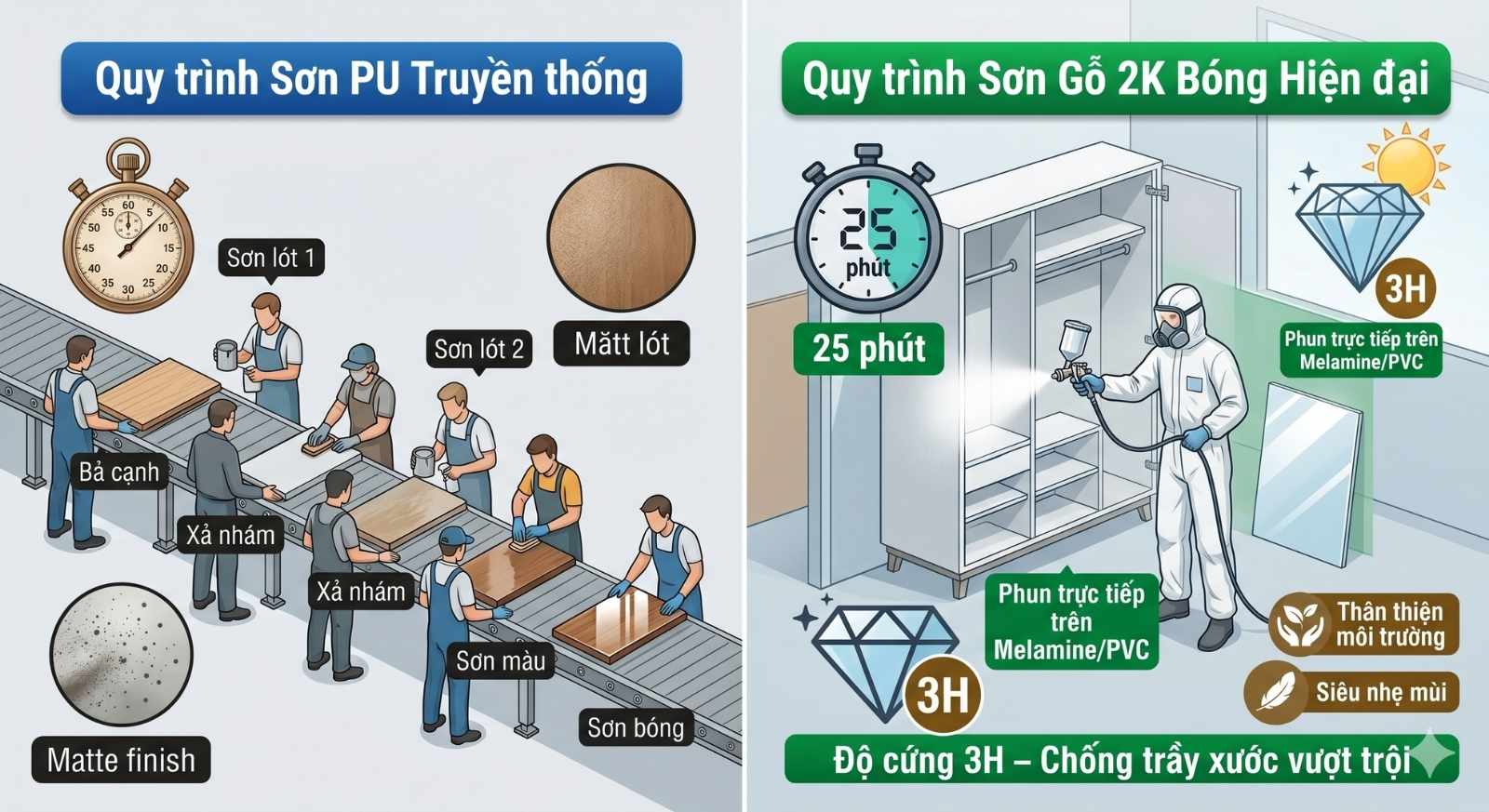 So sánh quy trình thi công giữa sơn PU truyền thống và sơn gỗ 2k bóng