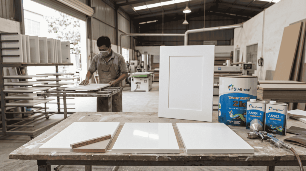 Sơn Trắng Bị Ngả Vàng Khi Khô Cách Xử Lý Lỗi Trên Tủ Bếp MDF 4 Xưởng gỗ tại bình dương đang sử dụng sản phẩm sơn asia 2k trắng mờ
